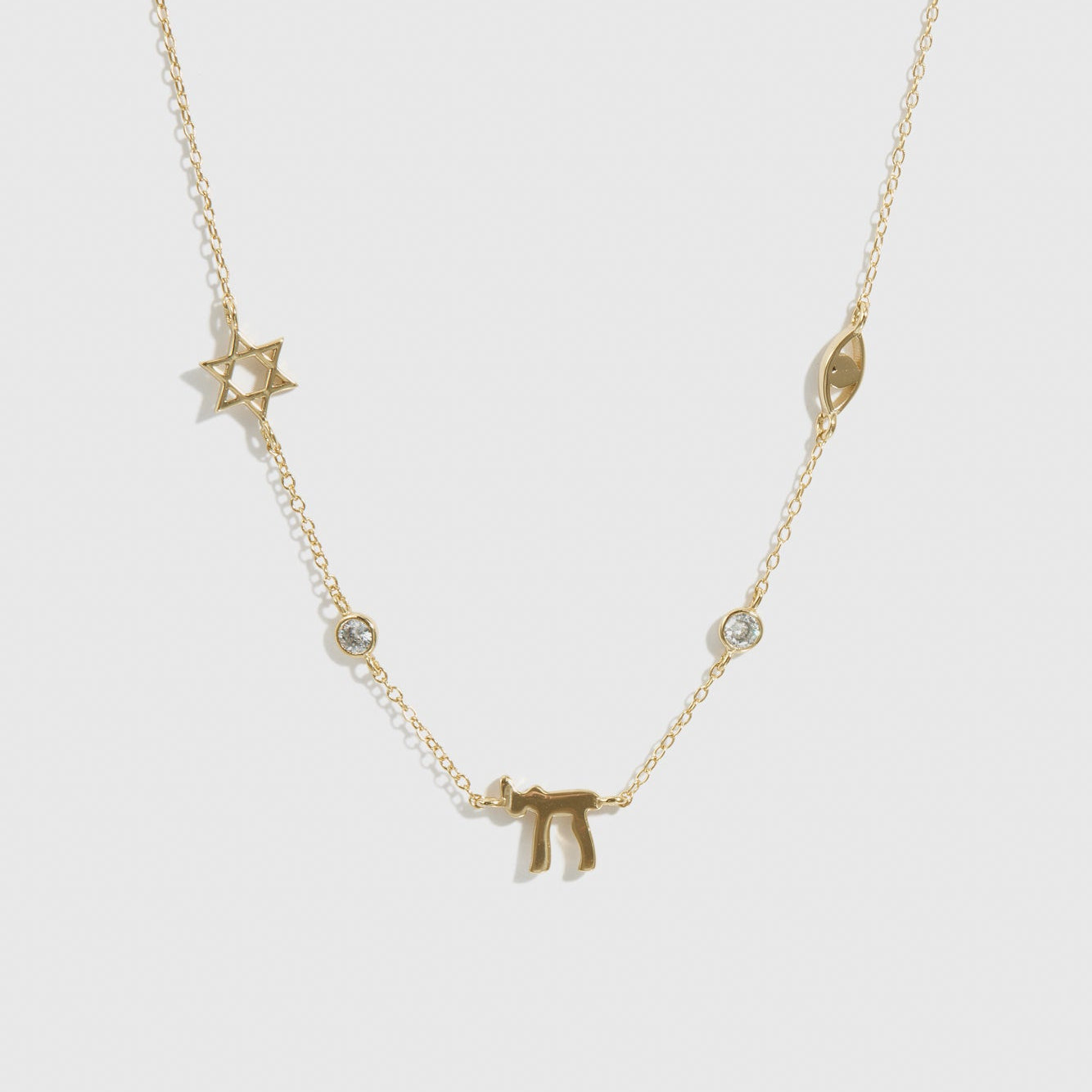 14k gold plated sterling silver 925 Star of David and Chai necklace with cubic zirconia, shown on a plain background.