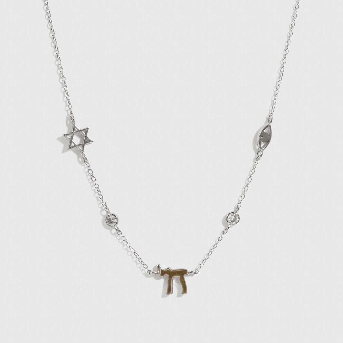 Sterling silver 925 Star of David and Chai necklace with cubic zirconia, shown on a plain background.