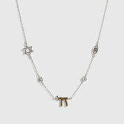 Sterling silver 925 Star of David and Chai necklace with cubic zirconia, shown on a plain background.
