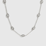 Sterling silver 925 marquise-cut multi bezel necklace with cubic zirconia, shown on a plain background.