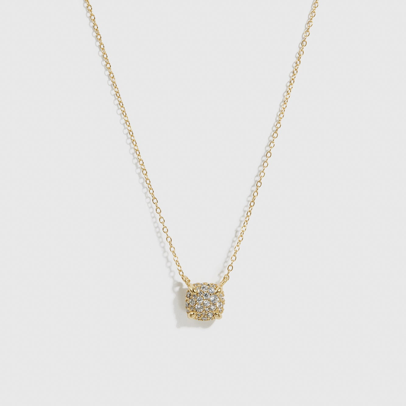 14k gold plated sterling silver 925 square pavé pendant necklace with cubic zirconia, shown on a plain background.