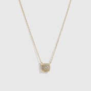 14k gold plated sterling silver 925 square pavé pendant necklace with cubic zirconia, shown on a plain background.