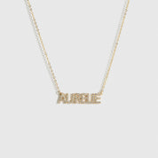 14k solid gold personalized pavé block font nameplate necklace with cubic zirconia or lab-grown diamonds, shown on a plain background.