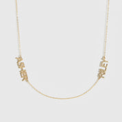 14k solid gold personalized block font two nameplates necklace, shown on a plain background.