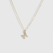 14k solid gold block font pavé letter pendant necklace with cubic zirconia or lab-grown diamonds, shown on a plain background.