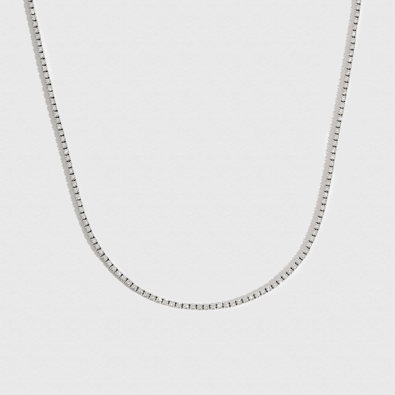 14k solid white gold rhodium plated lab-grown diamond tennis necklace, shown on a plain background.