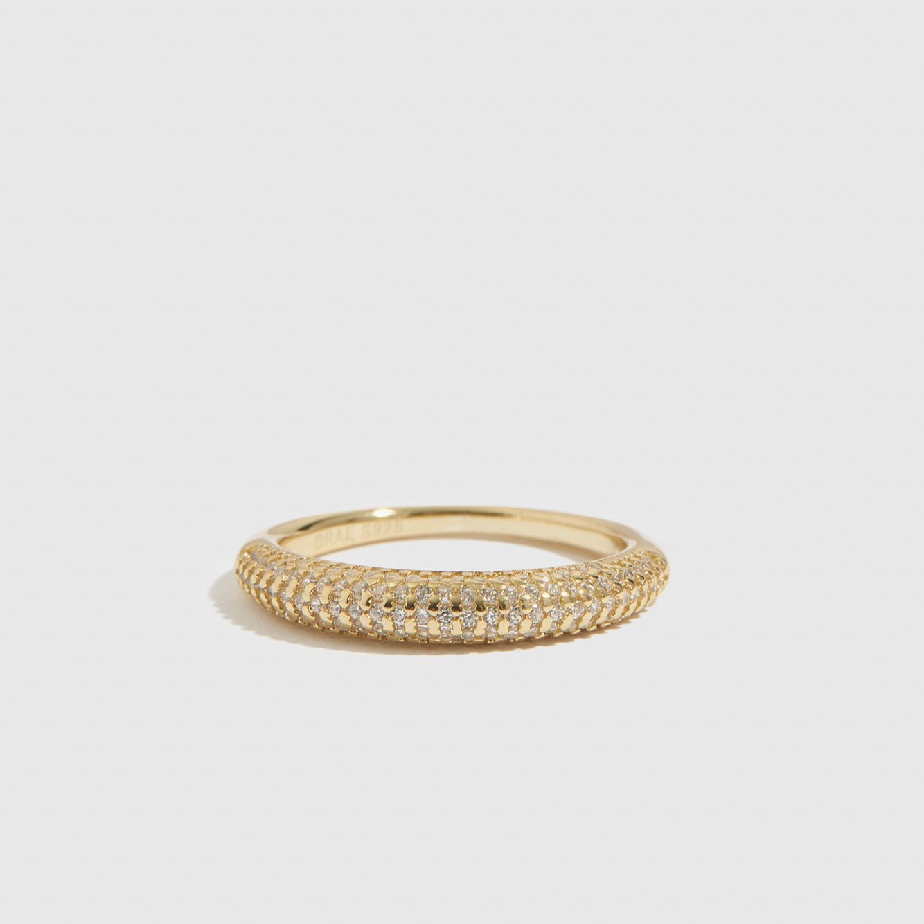 14k gold plated sterling silver 925 pavé delicate dome ring with cubic zirconia, shown on a plain background.