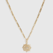 14k gold plated sterling silver 925 Sundaze evil eye necklace with cubic zirconia, shown on a plain background.