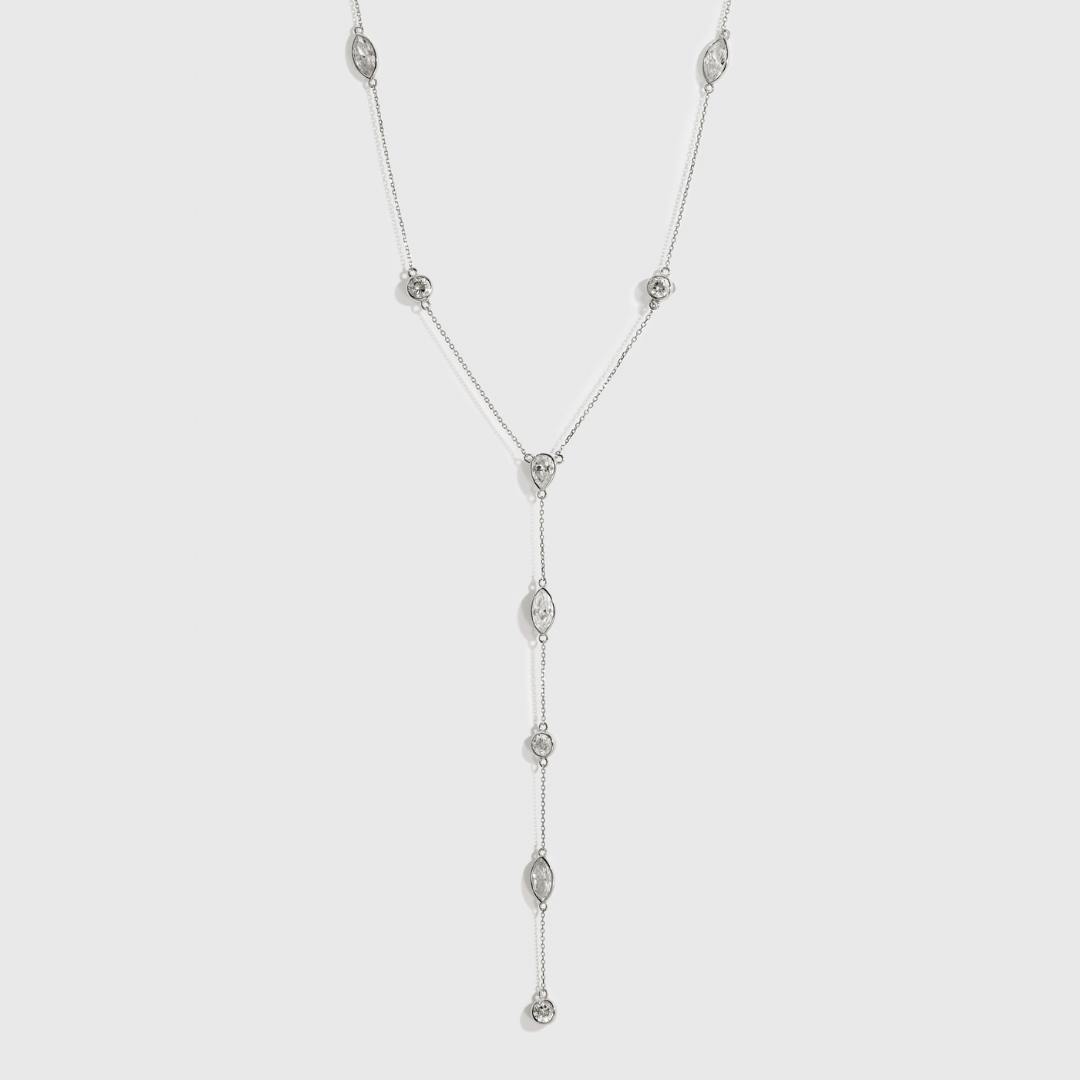 Sterling silver 925 multi-cut lariat necklace with multi-cut cubic zirconia, shown on a plain background.