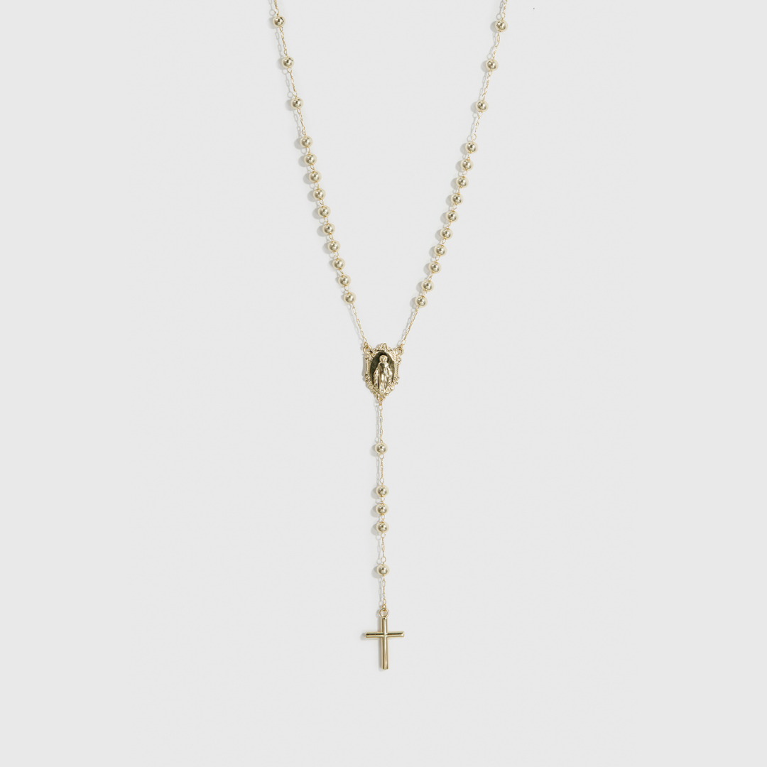 14k gold plated faith rosary necklace, shown on a plain background.