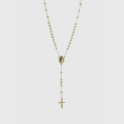 14k gold plated faith rosary necklace, shown on a plain background.