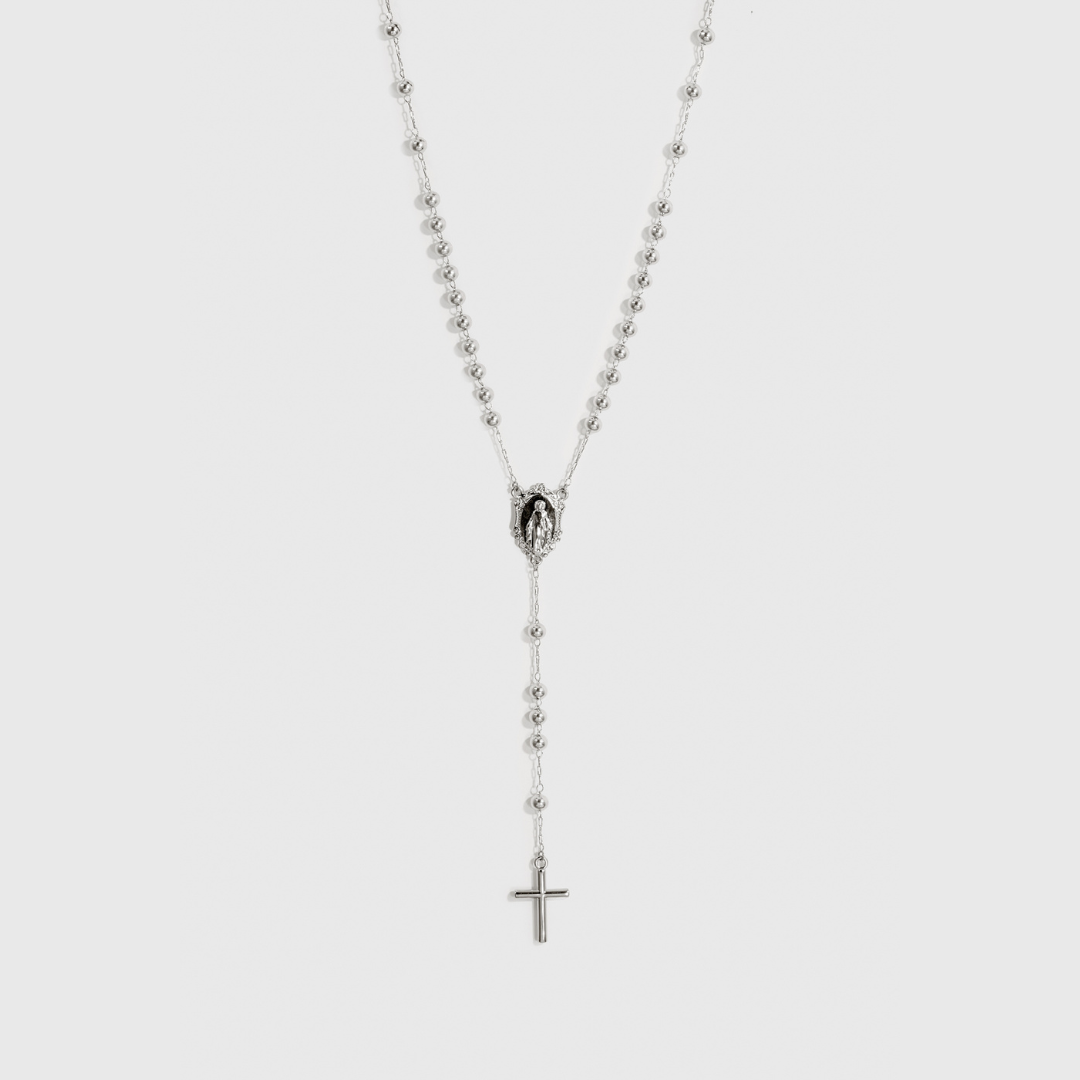 Silver plated faith rosary necklace, shown on a plain background.