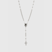 Silver plated faith rosary necklace, shown on a plain background.