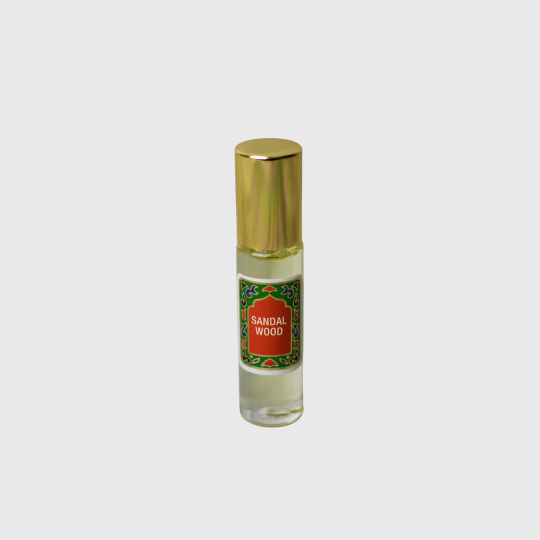 Sandalwood fragrance oil, shown on a plain background.