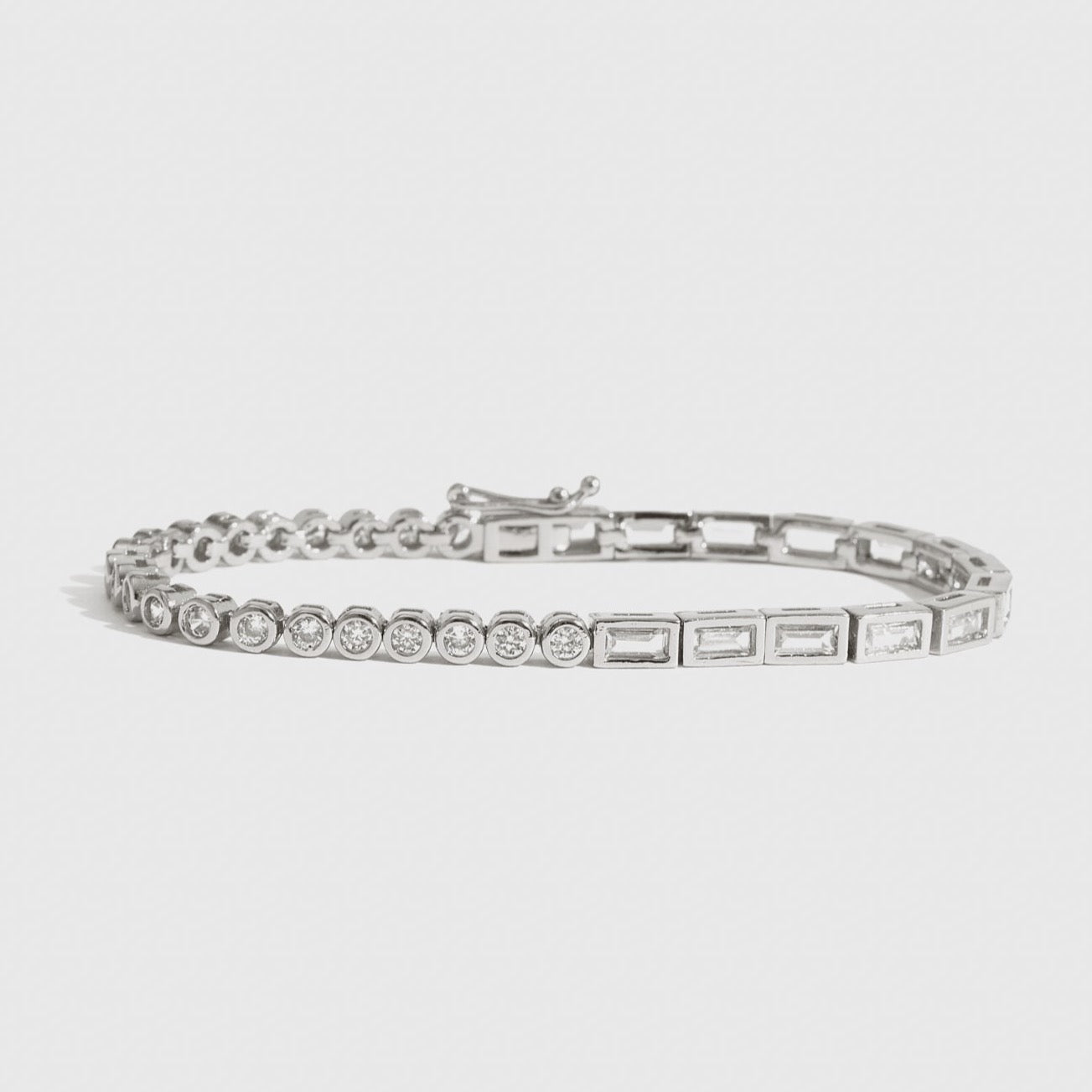Silver plated Blair tennis bracelet with cubic zirconia, shown on a plain background.
