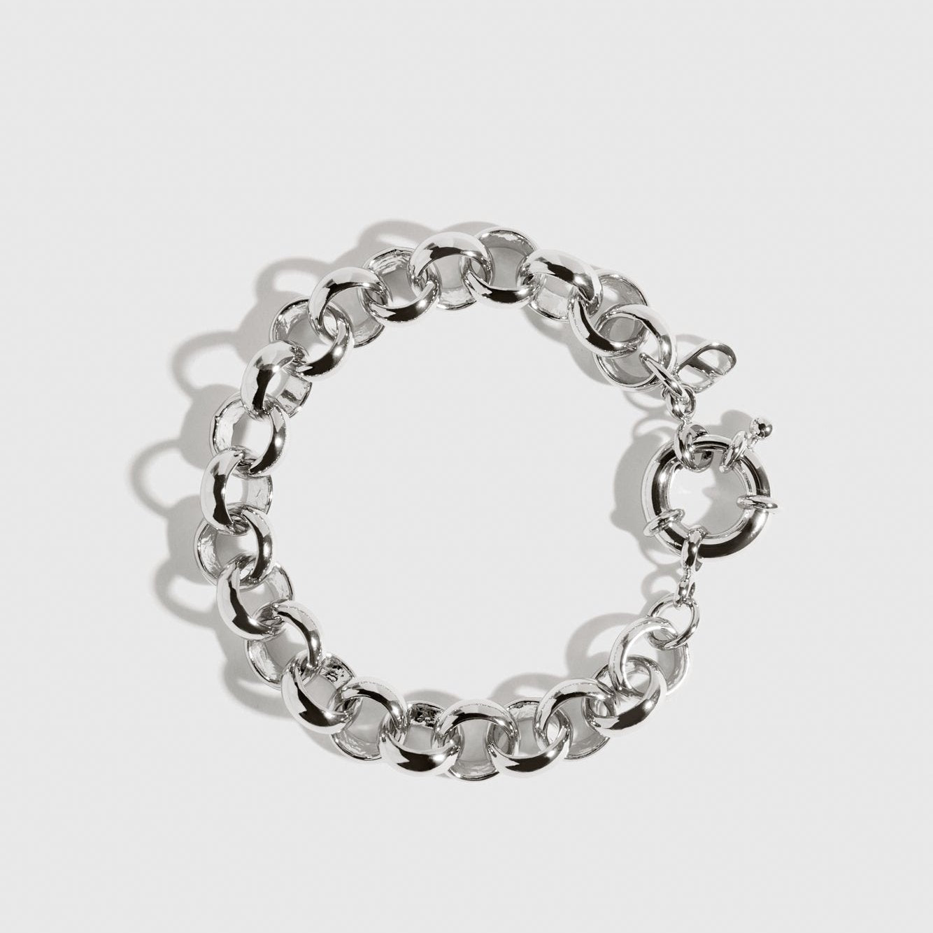 Silver plated maximalist rolo bracelet, shown on a plain background.