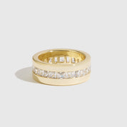 14k gold plated sterling silver 925 square and baguette ring with square and baguette cubic zirconia, shown on a plain background.