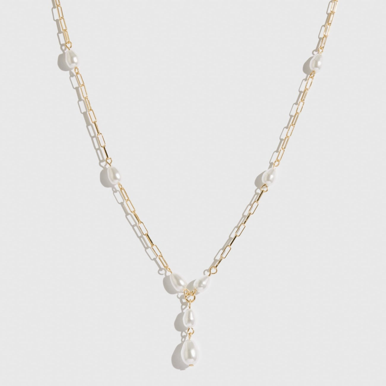 14k gold plated sterling silver 925 paper clips and pearls necklace with freshwater pearls, shown on a plain background.