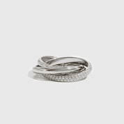 Sterling silver 925 eternal trio pavé ring with cubic zirconia, shown on a plain background.