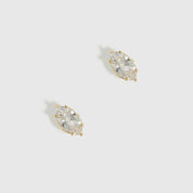 14k gold plated sterling silver 925 marquise-cut solitaire stud earrings with a pure white cubic zirconia, shown on a plain background.