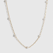 14k gold plated sterling silver 925 multi paperclips and pearls necklace with freshwater pearls, shown on a plain background.