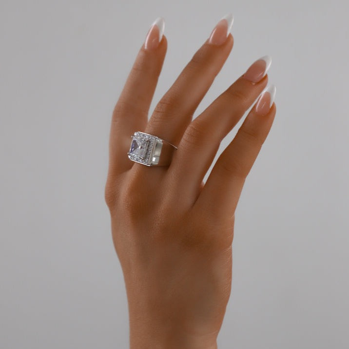 Woman wearing beautiful diamond ring only at Drae Collection